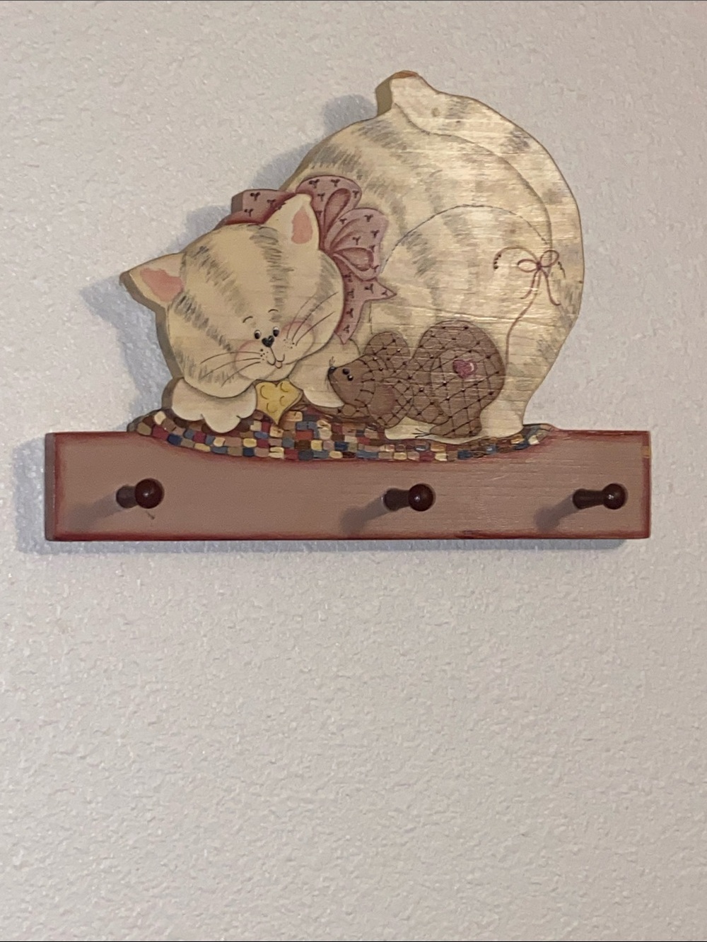 Cream and Pink Cat Wall Hook Rack - Decorative Home Wall Decor